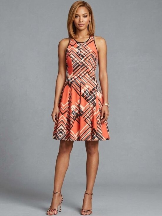 Calvin Klein Dresses & Skirts - Calvin Klein Womens Fit & Flare with Pockets 8 Red Multi-Color Size M Geometric